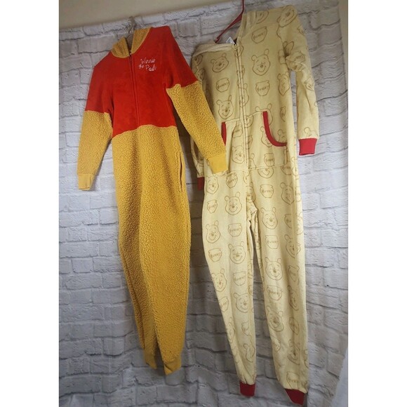 Lot Of 2 Disney Winnie the Pooh Suit Costume Adult One Piece Pajamas Small Med - Picture 1 of 16
